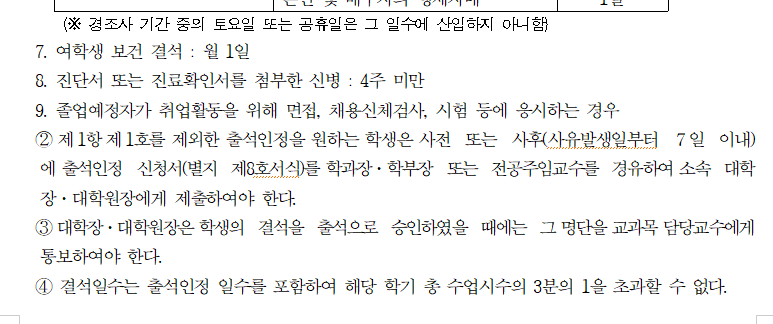 출석 관련 학칙 개정 공지